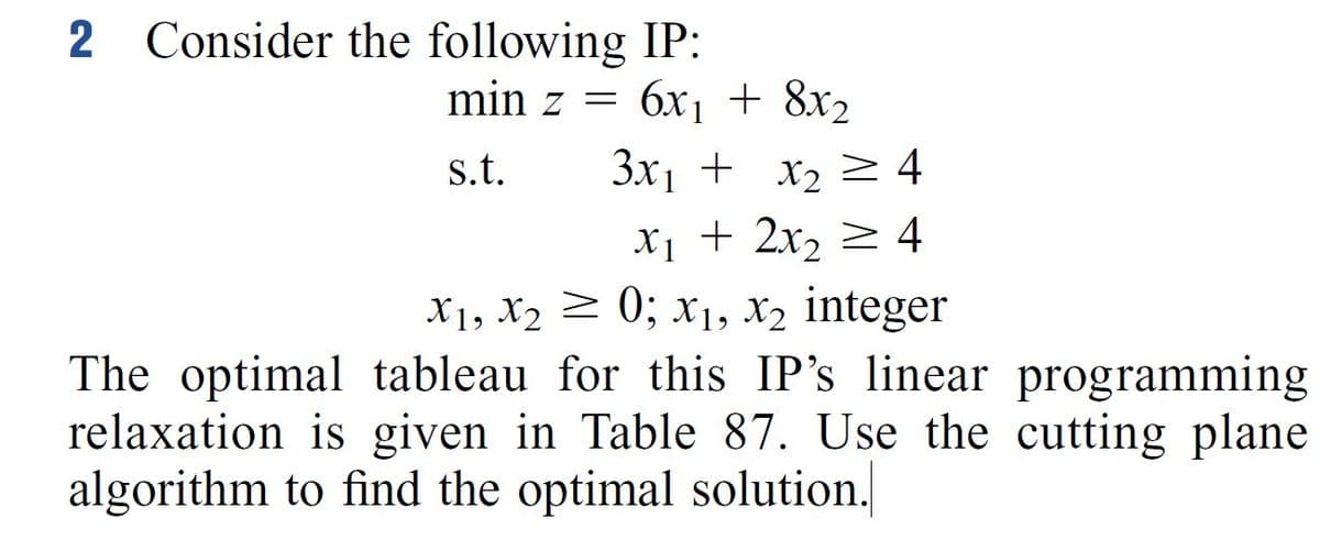 2 Consider the following IP:
min z = 6x + 8x2
s.t.
3x1 + x2 > 4
X1 + 2x, > 4
X1, X2 2 0; x1, X2 integer
The optimal tableau for this IP's linear programming
relaxation is given in Table 87. Use the cutting plane
algorithm to find the optimal solution.
