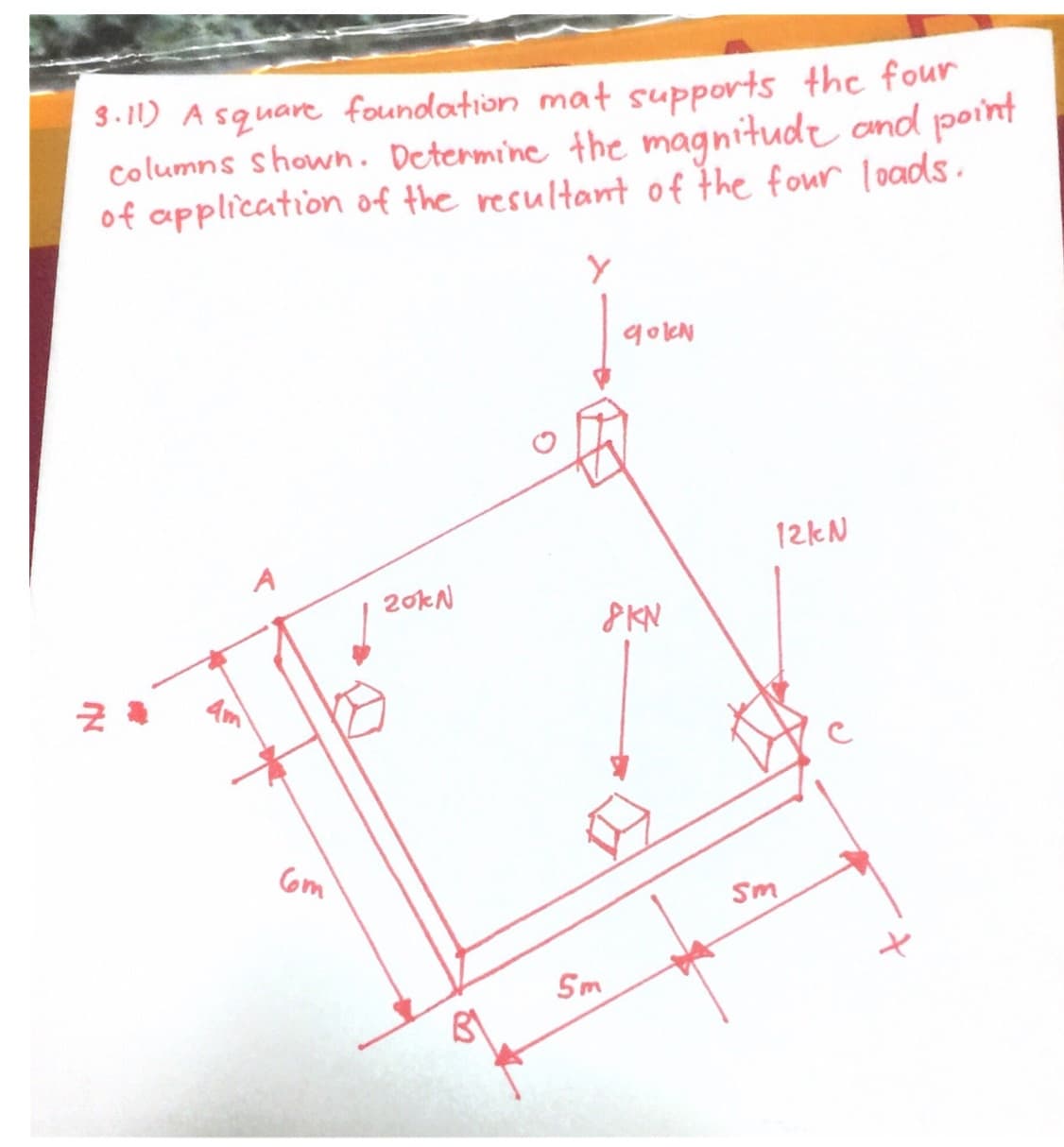 3-11) A squarefoundlation mat supports thc four
Columns shown. Determine the magnitudt ond point
of application of the resultant of the four loads
Y
goleh
12KN
A
20KN
PKN
Com
Sm
Sm
