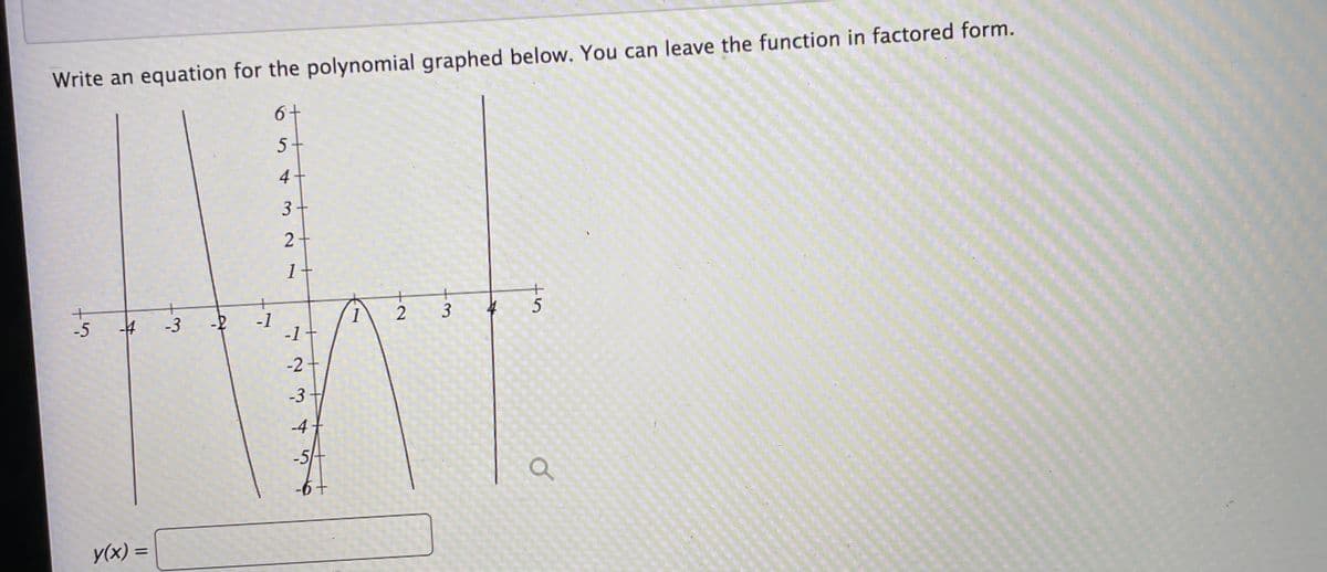 Write an equation for the polynomial graphed below. You can leave the function in factored form.
6+
5-
4+
2+
1+
+
1
3
-5
-4
-3
-1
-1
-2+
-3
-4
-5
-6+
y(x) =
3.
