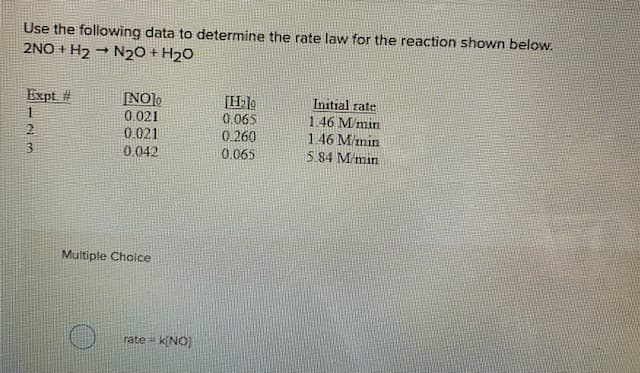 Use the following data to determine the rate law for the reaction shown below.
2NO + H2
N20 + H2O
Expt. #
[NO]o
0.021
0.021
0.042
Initial rate
146 M/min
1.46 M/min
5.84 M/min
1
0.065
0.260
0.065
13
Multiple Choice
rate - k(NO)
