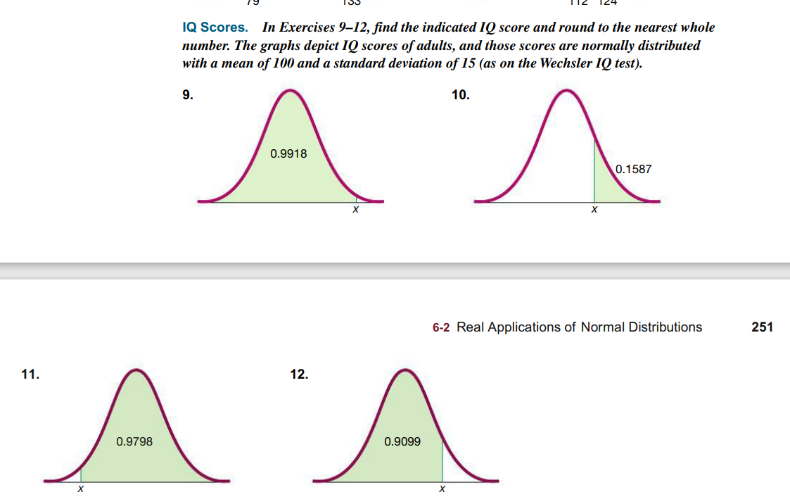 IQ Scores. In Exercises 9–12, find the indicated IQ score and round to the nearest whole
number. The graphs depict IQ scores of adults, and those scores are normally distributed
with a mean of 100 and a standard deviation of 15 (as on the Wechsler IQ test).
9.
10.
0.9918
0.1587
6-2 Real Applications of Normal Distributions
251
11.
12.
0.9798
0.9099
