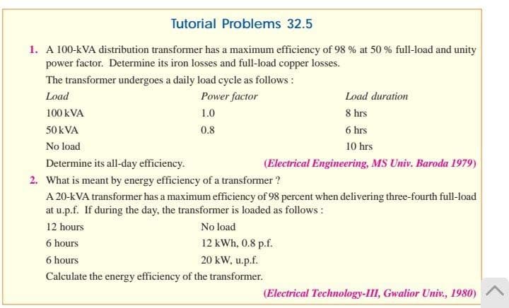 Tutorial Problems 32.5
1. A 100-kVA distribution transformer has a maximum efficiency of 98 % at 50 % full-load and unity
power factor. Determine its iron losses and full-load copper losses.
The transformer undergoes a daily load cycle as follows :
Load
Power factor
Load duration
100 kVA
1.0
8 hrs
50 kVA
0.8
6 hrs
No load
10 hrs
Determine its all-day efficiency.
(Electrical Engineering, MS Univ. Baroda 1979)
2. What is meant by energy efficiency of a transformer ?
A 20-kVA transformer has a maximum efficiency of 98 percent when delivering three-fourth full-load
at u.p.f. If during the day, the transformer is loaded as follows :
12 hours
No load
6 hours
12 kWh, 0.8 p.f.
6 hours
20 kW, u.p.f.
Calculate the energy efficiency of the transformer.
(Electrical Technology-III, Gwalior Univ., 1980)
