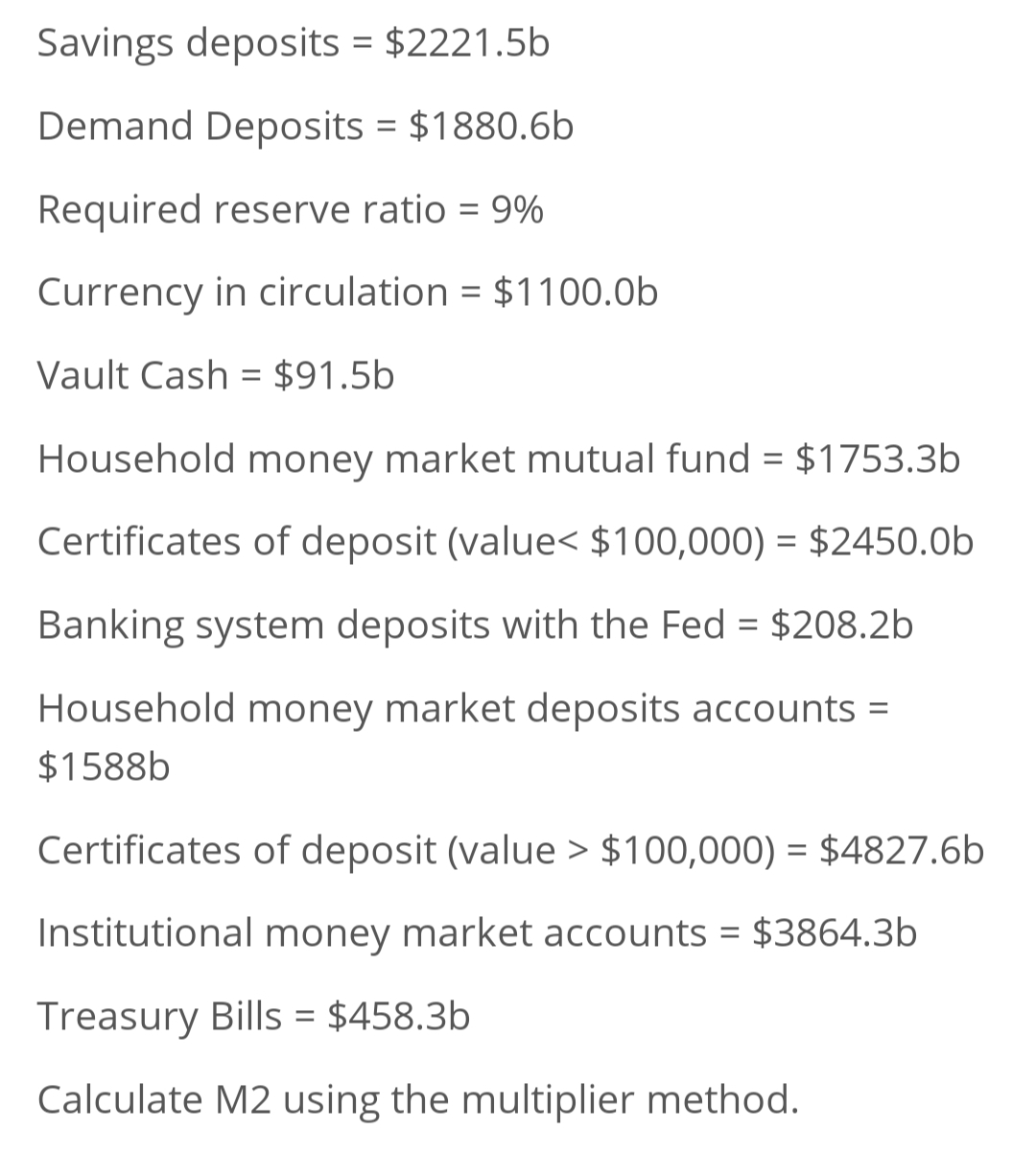 Savings deposits = $2221.5b
Demand Deposits = $1880.6b
Required reserve ratio = 9%
Currency in circulation = $1100.0b
Vault Cash = $91.5b
Household money market mutual fund = $1753.3b
Certificates of deposit (value< $100,000) = $2450.0b
Banking system deposits with the Fed = $208.2b
Household money market deposits accounts =
$1588b
Certificates of deposit (value > $100,000) = $4827.6b
Institutional money market accounts = $3864.3b
Treasury Bills = $458.3b
Calculate M2 using the multiplier method.