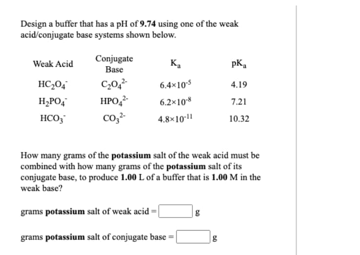 Design a buffer that has a pH of 9.74 using one of the weak
acid/conjugate base systems shown below.
Conjugate
Base
Weak Acid
Ka
pK.
HC204
C,0,-
6.4×105
4.19
H,PO4
HPO,?
6.2×10-8
7.21
HCO;
co3²-
4.8×10-1!
10.32
How many grams of the potassium salt of the weak acid must be
combined with how many grams of the potassium salt of its
conjugate base, to produce 1.00 L of a buffer that is 1.00 M in the
weak base?
grams potassium salt of weak acid
grams potassium salt of conjugate base
g
