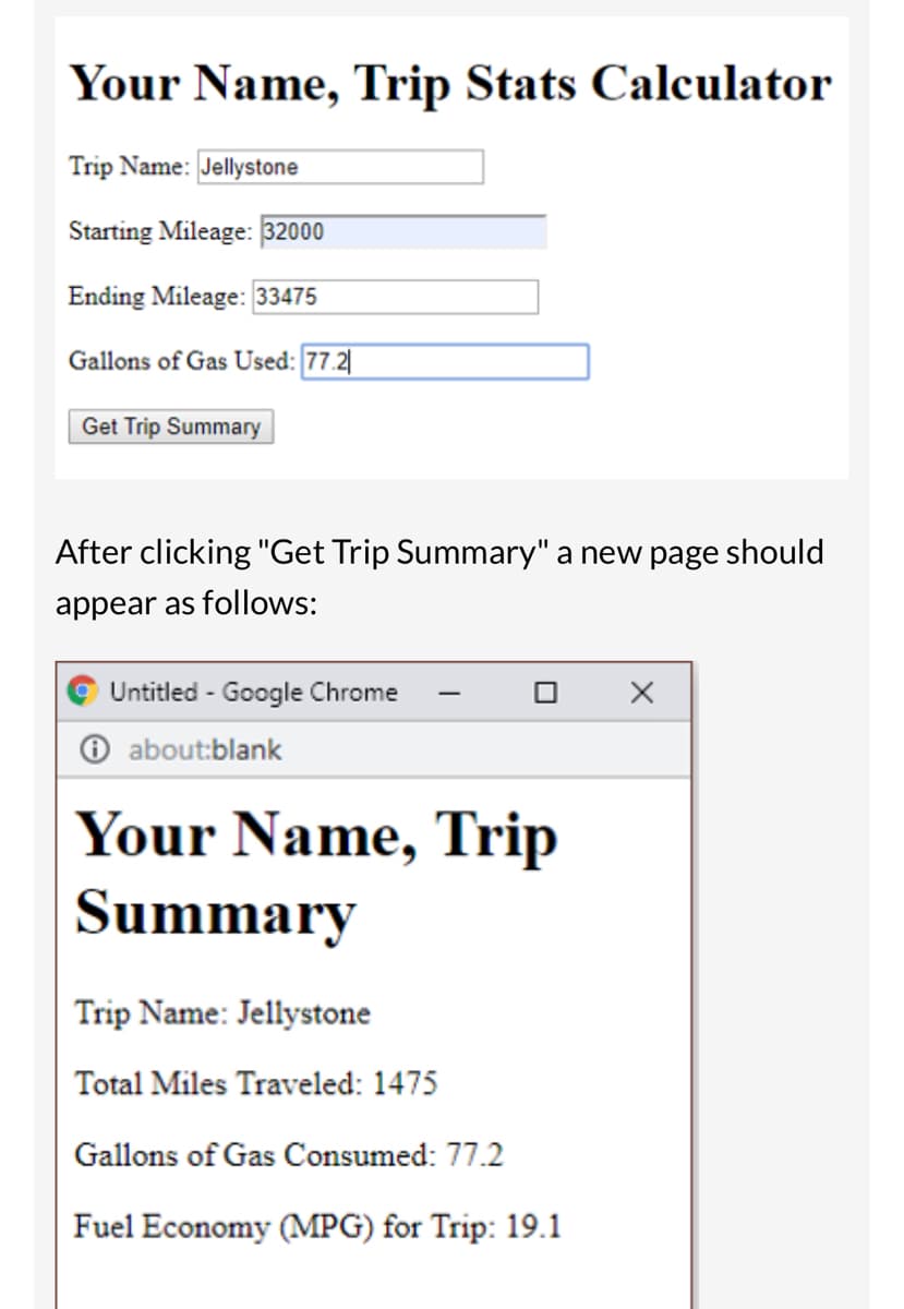 Your Name, Trip Stats Calculator
Trip Name: Jellystone
Starting Mileage: 32000
Ending Mileage: 33475
Gallons of Gas Used: 77.21
Get Trip Summary
After clicking "Get Trip Summary" a new page should
appear as follows:
Untitled - Google Chrome
about:blank
Your Name, Trip
Summary
Trip Name: Jellystone
Total Miles Traveled: 1475
Gallons of Gas Consumed: 77.2
Fuel Economy (MPG) for Trip: 19.1
X