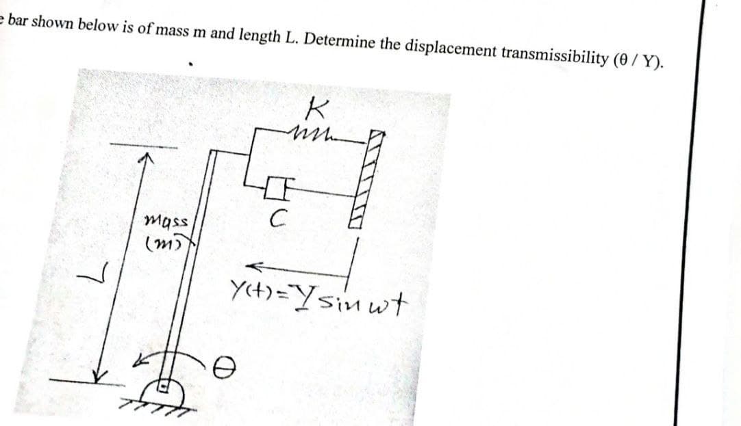 e bar shown below is of mass m and length L. Determine the displacement transmissibility (0/ Y).
mass
(m)
Y(t)=Ysin wt
