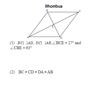 Rhombus
B
(1) BC| |AD, DC| |AB,ZBCE = 27° and
ZCBE = 63°
(2) BC = CD = DA = AB
