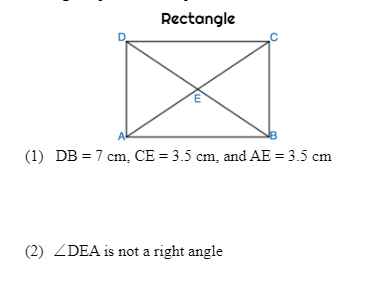 Rectangle
A
(1) DB = 7 cm, CE = 3.5 cm, and AE = 3.5 cm
(2) ZDEA is not a right angle
