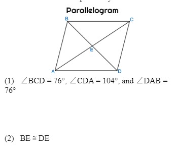 Parallelogram
B
(1) ZBCD = 76°, ZCDA= 104°, and ZDAB =
%3D
76°
(2) BE = DE
