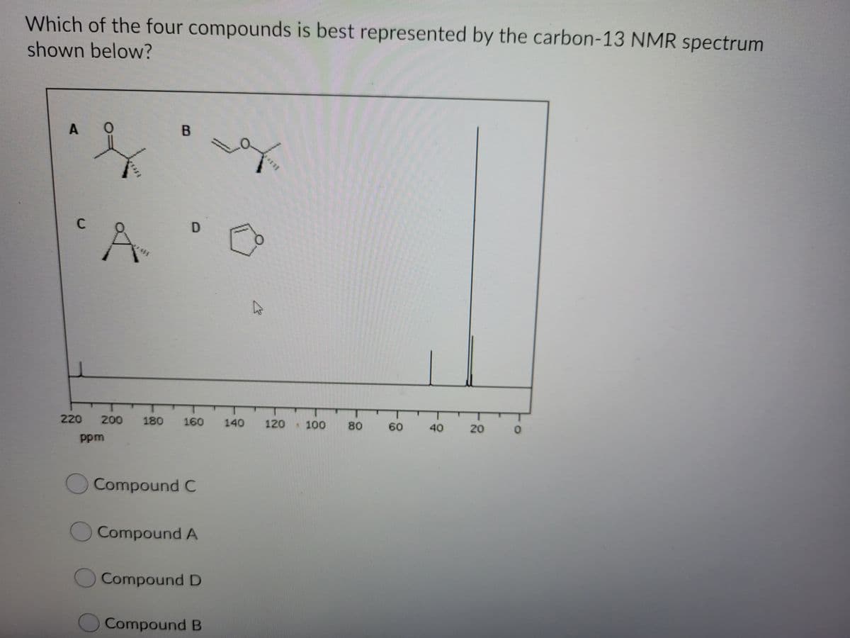 Which of the four compounds is best represented by the carbon-13 NMR spectrum
shown below?
C
220
200
180
160
140
120
100
80
60
40
20
ppm
Compound C
Compound A
Compound D
Compound B
