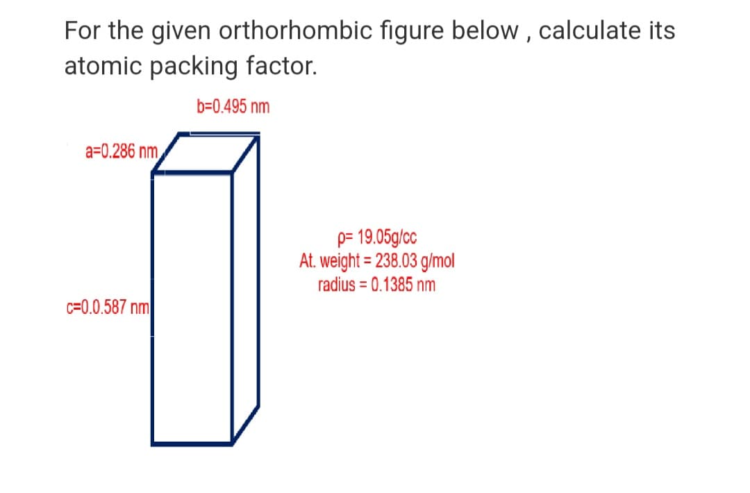 For the given orthorhombic figure below , calculate its
atomic packing factor.
b=0.495 nm
a=0.286 nm
p= 19.05g/cc
At. weight = 238.03 g/mol
radius = 0.1385 nm
c=0.0.587 nm
