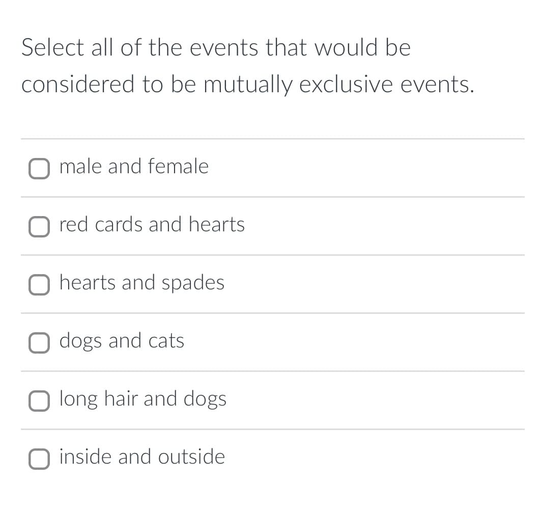 Select all of the events that would be
considered to be mutually exclusive events.
O male and female
O red cards and hearts
hearts and spades
dogs and cats
O long hair and dogs
O inside and outside

