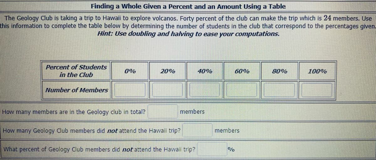 Finding a Whole Given a Percent and an Amount Using a Table
The Geology Club is taking a trip to Hawaii to explore volcanos. Forty percent of the club can make the trip which is 24 members. Use
this information to complete the table below by determining the number of students in the club that correspond to the percentages given.
Hint: Use doubling and halving to ease your computations.
Percent of Students
in the Club
0%
20%
40%
60%
80%
100%
Number of Members
How many members are in the Geology club in total?
members
How many Geology Club members did not attend the Hawaii trip?
members
What percent of Geology Club members did not attend the Hawaii trip?
%
