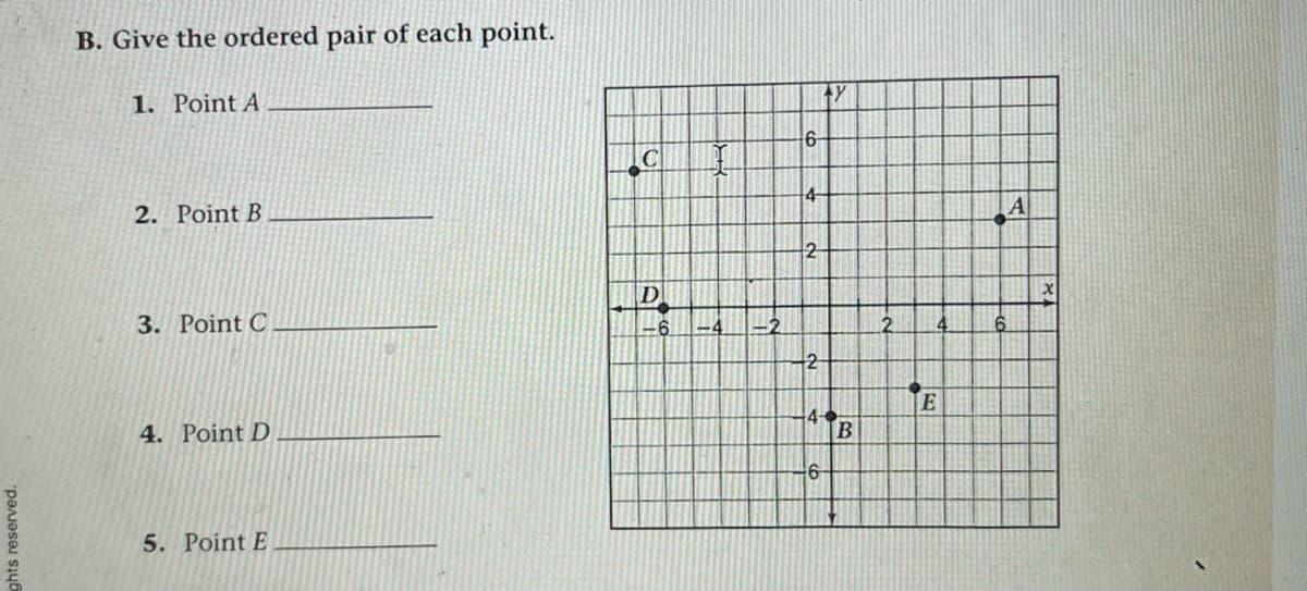 B. Give the ordered pair of each point.
1. Point A
6-
C
2. Point B
4
2
D
3. Point C
-4
-2
-2
4. Point D
+4
5. Point E
ghts reserved.
