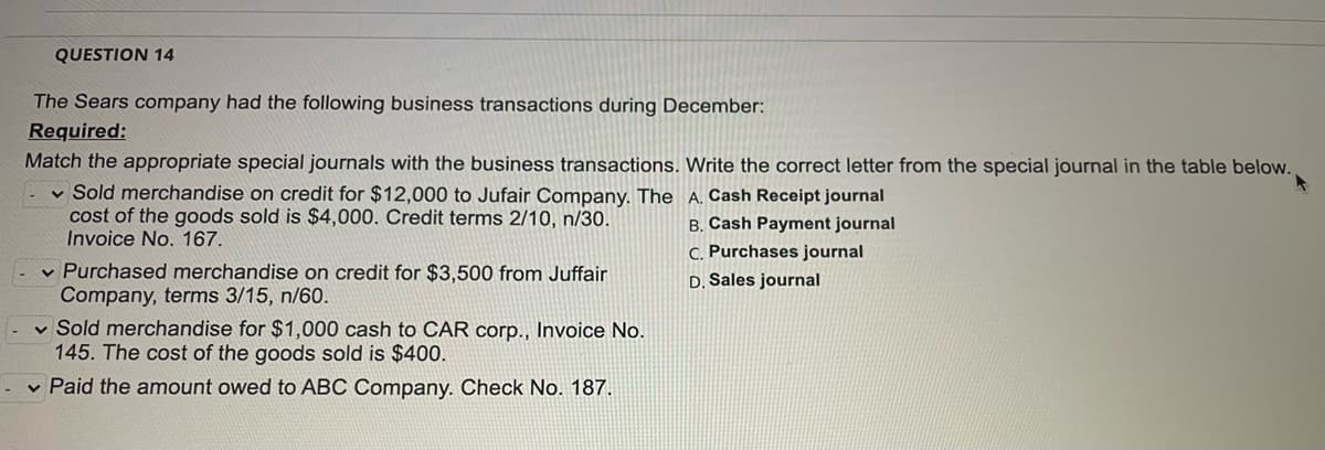 QUESTION 14
The Sears company had the following business transactions during December:
Required:
Match the appropriate special journals with the business transactions. Write the correct letter from the special journal in the table below.
v Sold merchandise on credit for $12,000 to Jufair Company. The A. Cash Receipt journal
cost of the goods sold is $4,000. Credit terms 2/10, n/30.
Invoice No. 167.
B. Cash Payment journal
C. Purchases journal
- v Purchased merchandise on credit for $3,500 from Juffair
Company, terms 3/15, n/60.
v Sold merchandise for $1,000 cash to CAR corp.., Invoice No.
145. The cost of the goods sold is $400.
v Paid the amount owed to ABC Company. Check No. 187.
D. Sales journal
