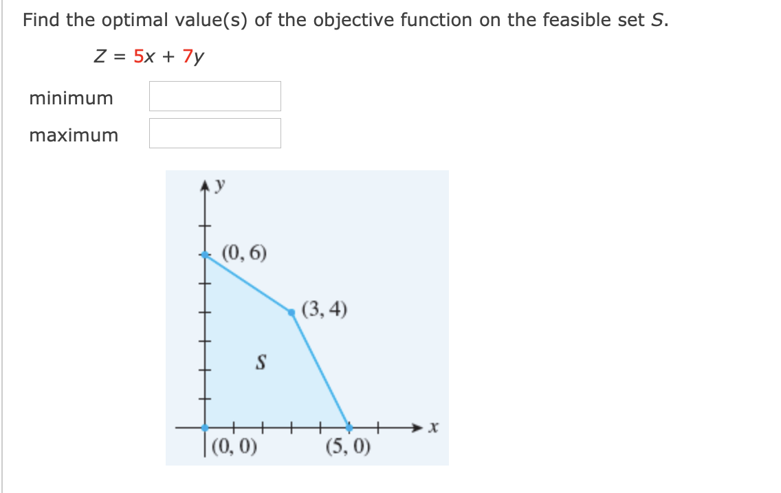Find the optimal value(s) of the objective function on the feasible set S.
Z = 5x + 7y
minimum
maximum
y
(0, 6)
(3, 4)
S
+
+
(0, 0)
(5, 0)
