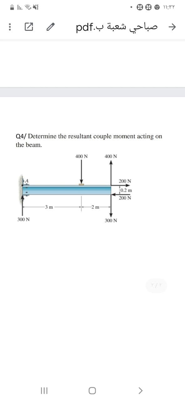 د صباحي شعبة ب.pdf
Q4/ Determine the resultant couple moment acting on
the beam.
400 N
400 N
200 N
0.2 m
200 N
3 m
-2 m
300 N
300 N
III
>
