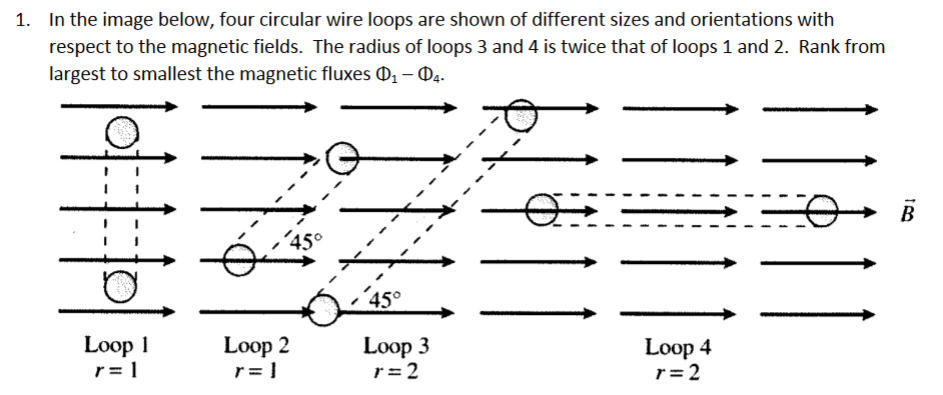 1. In the image below, four circular wire loops are shown of different sizes and orientations with
respect to the magnetic fields. The radius of loops 3 and 4 is twice that of loops 1 and 2. Rank from
largest to smallest the magnetic fluxes 0 – O4-
В
Loop 3
r=2
Loop 1
Loop 2
r= }
Loop 4
r= 2
r= 1
