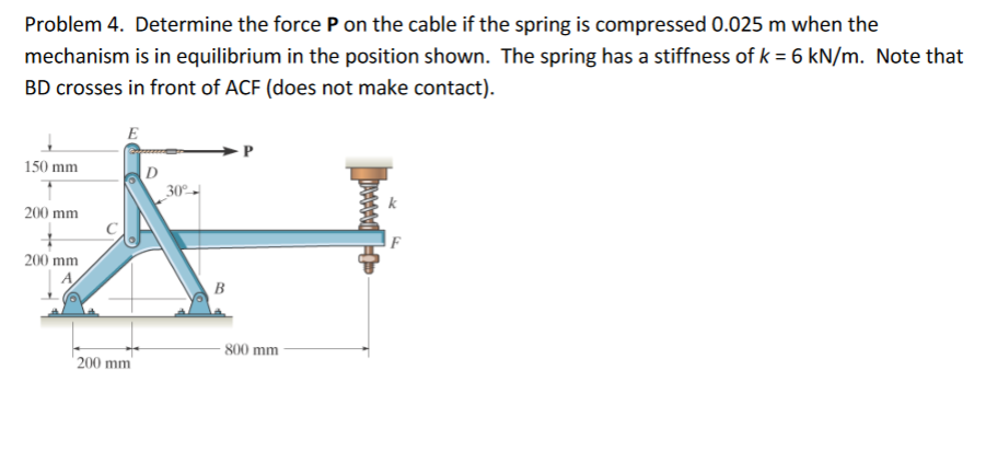 Problem 4. Determine the force P on the cable if the spring is compressed 0.025 m when the
mechanism is in equilibrium in the position shown. The spring has a stiffness of k = 6 kN/m. Note that
BD crosses in front of ACF (does not make contact).
E
150 mm
D
30° -
200 mm
200 mm
B
- 800 mm
200 mm'
