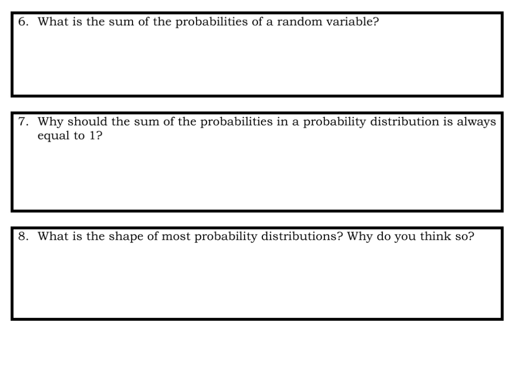 6. What is the sum of the probabilities of a random variable?
7. Why should the sum of the probabilities in a probability distribution is always
equal to 1?
8. What is the shape of most probability distributions? Why do you think so?
