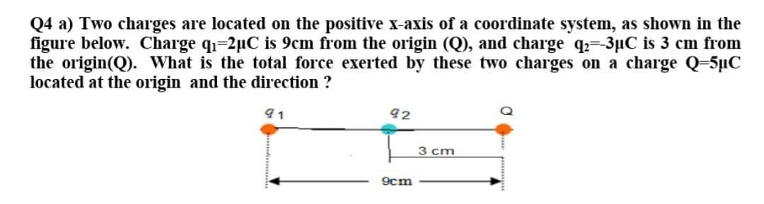 Q4 a) Two charges are located on the positive x-axis of a coordinate system, as shown in the
figure below. Charge q=2µC is 9cm from the origin (Q), and charge q=3µC is 3 cm from
the origin(Q). What is the total force exerted by these two charges on a charge Q-5µC
located at the origin and the direction
91
92
3 cm
9cm
