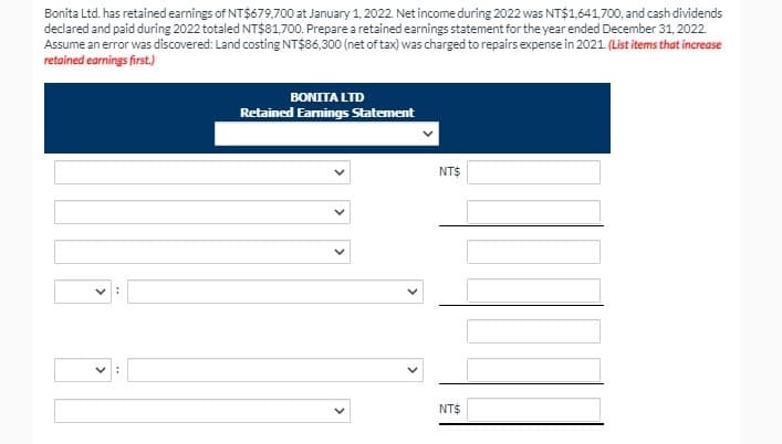 Bonita Ltd. has retained earnings of NT$679,700 at January 1, 2022. Net income during 2022 was NT$1,641,700, and cash dividends
declared and paid during 2022 totaled NT$81,700. Prepare a retained earnings statement for the year ended December 31, 2022.
Assume an error was discovered: Land costing NT$86,300 (net of tax) was charged to repairs expense in 2021. (List items that increase
retained earnings first.)
BONITA LTD
Retained Earnings Statement
NT$
NT$
>
>
