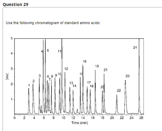 Question 29
Use the following chromatogram of standard amino acids:
24
11
16
19
12
21
19
6 6 9 19
23
17
13
14
18
20
22
10
12
14
16
18
20
22
24
26
Time (min)
2.
