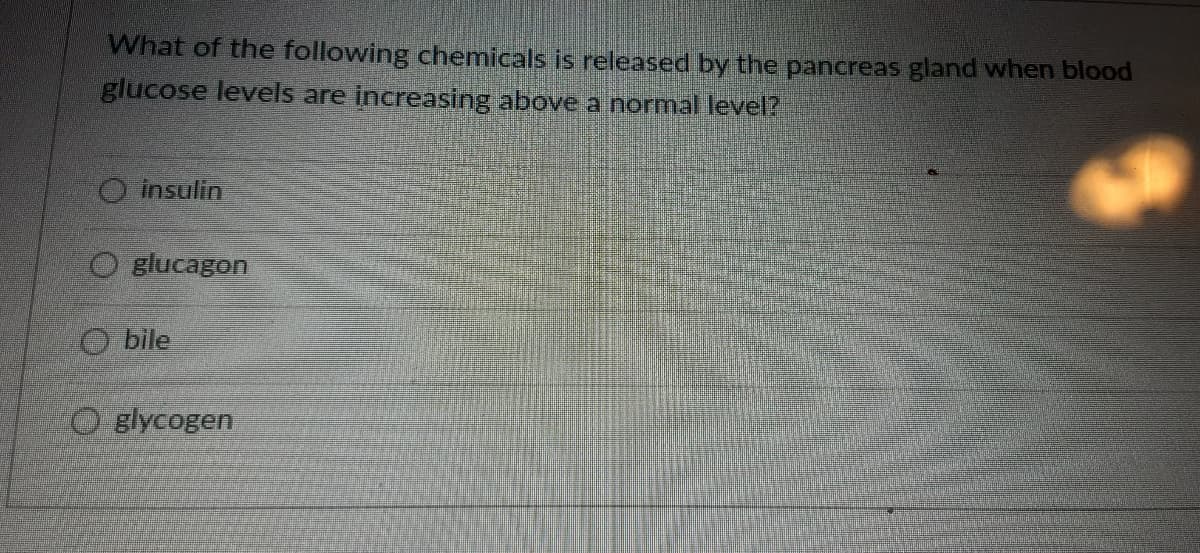 What of the following chemicals is released by the pancreas gland when blood
glucose levels are increasing above anormal level?
O insulin
O glucagon
O bile
O glycogen
