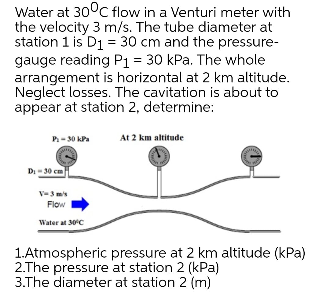 Water at 30°C flow in a Venturi meter with
the velocity 3 m/s. The tube diameter at
station 1 is D1 = 30 cm and the pressure-
gauge reading P1 = 30 kPa. The whole
arrangement is horizontal at 2 km altitude.
Neglect losses. The cavitation is about to
appear at station 2, determine:
P1 = 30 kPa
At 2 km altitude
Di = 30 cm
V= 3 m/s
Flow
Water at 30°C
1.Atmospheric pressure at 2 km altitude (kPa)
2.The pressure at station 2 (kPa)
3.The diameter at station 2 (m)

