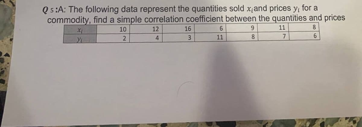 Q5:A: The following data represent the quantities sold x,and prices y; for a
commodity, find a simple correlation coefficient between the quantities and prices
10
8
2
Yi
12
4
16
3
6
11
9
8
11
7
6