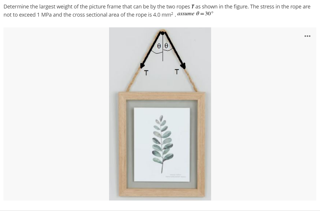 Determine the largest weight of the picture frame that can be by the two ropes T as shown in the figure. The stress in the rope are
not to exceed 1 MPa and the cross sectional area of the rope is 4.0 mm2 , assume 0=30°
...
T
