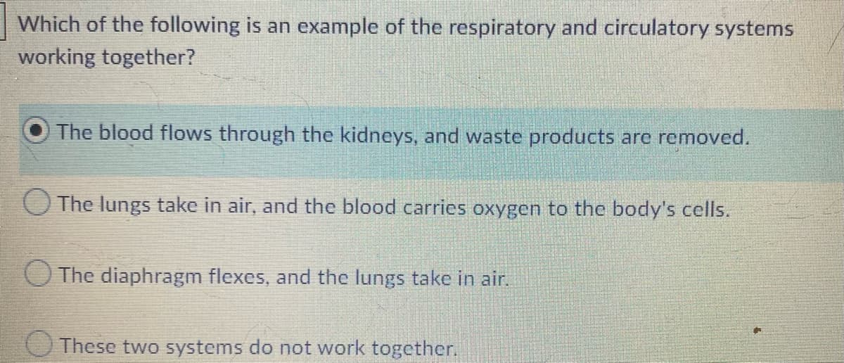 Which of the following is an example of the respiratory and circulatory systems
working together?
The blood flows through the kidneys, and waste products are removed.
The lungs take in air, and the blood carries oxygen to the body's cells.
O The diaphragm flexes, and the lungs take in air.
OThese two systems do not work together.
