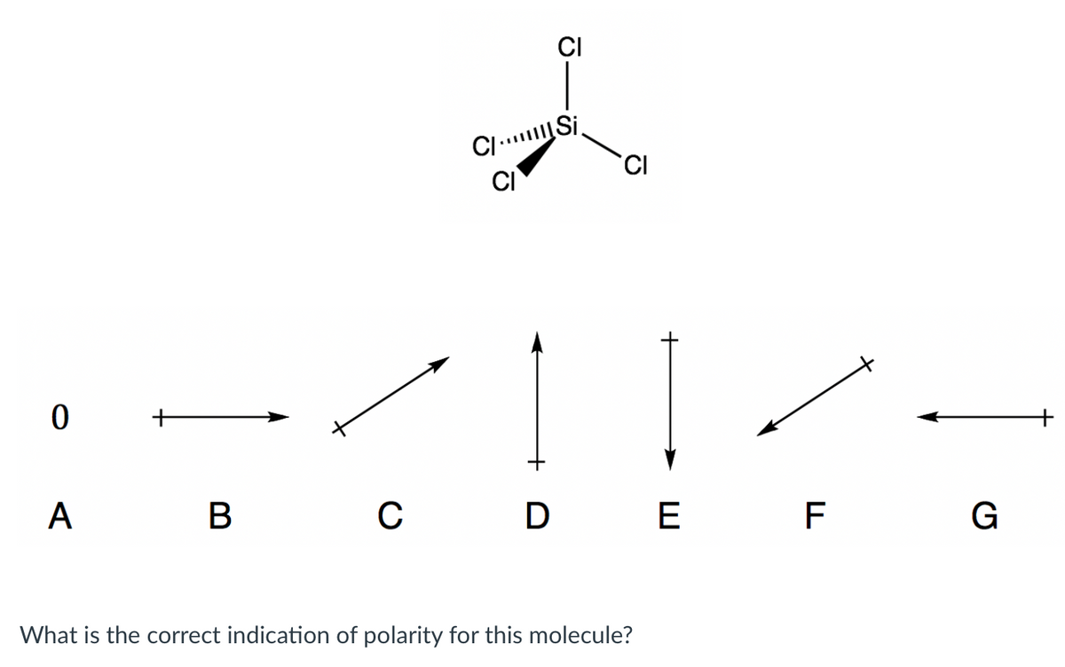CI
C1..Si.
CI
CI
+
C D E F
G
What is the correct indication of polarity for this molecule?
A
