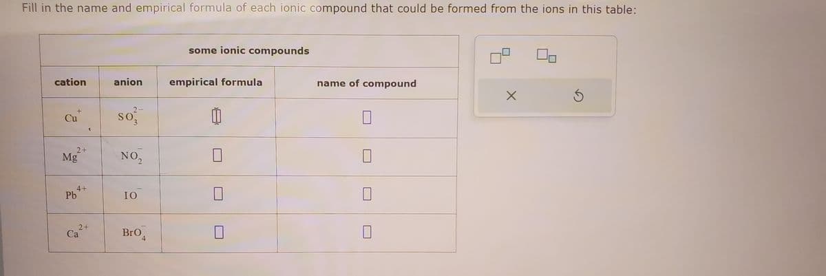 Fill in the name and empirical formula of each ionic compound that could be formed from the ions in this table:
cation
Cu
2+
Mg
4+
Pb
2+
Ca
anion
2-
SO.
3
NO₂
IO
Bro
4
some ionic compounds
empirical formula
11
0
name of compound
0
0
X
00
Ś