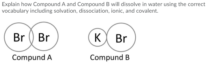 Explain how Compound A and Compound B will dissolve in water using the correct
vocabulary including solvation, dissociation, ionic, and covalent.
Br () Br
K Br
Compund A
Compund B
