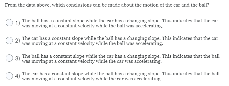 From the data above, which conclusions can be made about the motion of the car and the ball?
The ball has a constant slope while the car has a changing slope. This indicates that the car
1)
was moving at a constant velocity while the ball was accelerating.
The car has a constant slope while the ball has a changing slope. This indicates that the car
2)
was moving at a constant velocity while the ball was accelerating.
3)
The ball has a constant slope while the car has a changing slope. This indicates that the ball
was moving at a constant velocity while the car was accelerating.
The car has a constant slope while the ball has a changing slope. This indicates that the ball
4)
was moving at a constant velocity while the car was accelerating.
