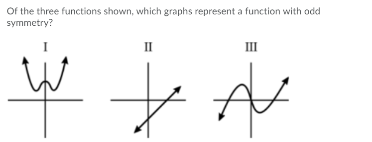 Of the three functions shown, which graphs represent a function with odd
symmetry?
II
III
