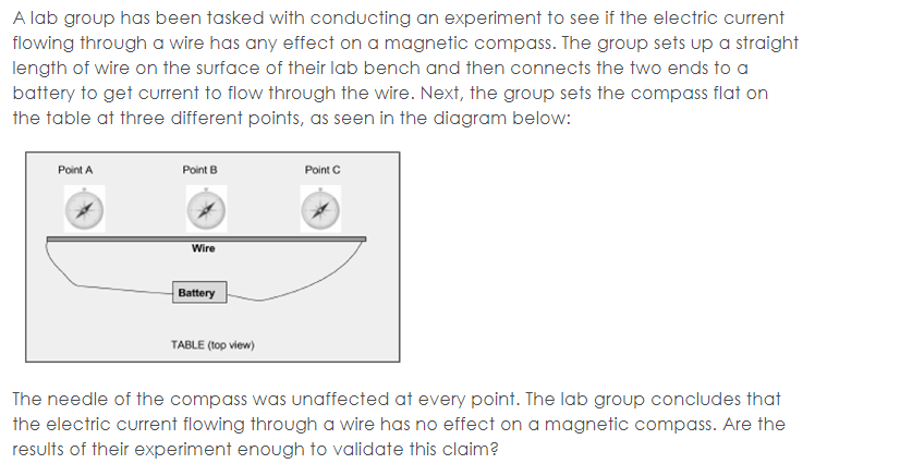 A lab group has been tasked with conducting an experiment to see if the electric current
flowing through a wire has any effect on a magnetic compass. The group sets up a straight
length of wire on the surface of their lab bench and then connects the two ends to a
battery to get current to flow through the wire. Next, the group sets the compass flat on
the table at three different points, as seen in the diagram below:
Point A
Point B
Point C
Wire
Battery
TABLE (top view)
The needle of the compass was unaffected at every point. The lab group concludes that
the electric current flowing through a wire has no effect on a magnetic compass. Are the
results of their experiment enough to validate this claim?
