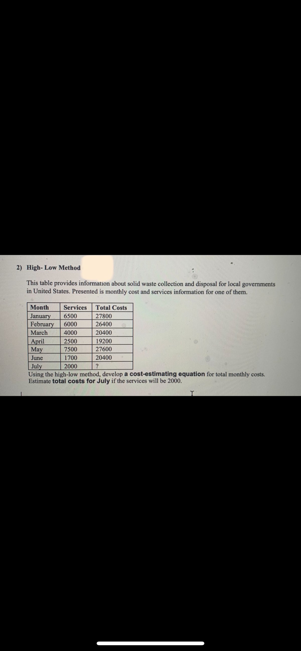 2) High- Low Method
This table provides information about solid waste collection and disposal for local
in United States. Presented is monthly cost and services information for one of them.
governments
Month
Services
Total Costs
January
February
6500
27800
6000
26400
March
4000
20400
April
May
June
2500
19200
7500
27600
1700
20400
?
July
Using the high-low method, develop a cost-estimating equation for total monthly costs.
Estimate total costs for July if the services will be 2000.
2000
