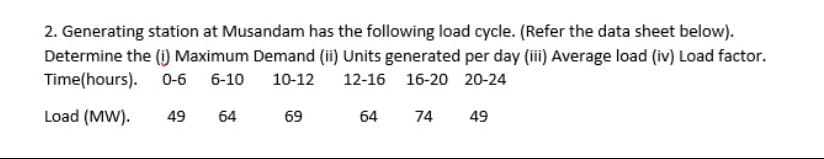 2. Generating station at Musandam has the following load cycle. (Refer the data sheet below).
Determine the (i) Maximum Demand (ii) Units generated per day (i) Average load (iv) Load factor.
Time(hours). 0-6
6-10
10-12
12-16 16-20 20-24
Load (MW).
49
64
69
64
74
49
