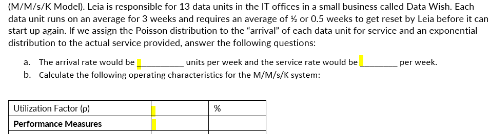 (M/M/s/K Model). Leia is responsible for 13 data units in the IT offices in a small business called Data Wish. Each
data unit runs on an average for 3 weeks and requires an average of ½ or 0.5 weeks to get reset by Leia before it can
start up again. If we assign the Poisson distribution to the "arrival" of each data unit for service and an exponential
distribution to the actual service provided, answer the following questions:
a. The arrival rate would be
units per week and the service rate would be
per week.
b. Calculate the following operating characteristics for the M/M/s/K system:
Utilization Factor (e)
%
Performance Measures
