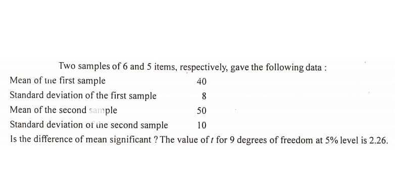 Two samples of 6 and 5 items, respectively, gave the following data :
Mean of tne first sample
40
Standard deviation of the first sample
8
Mean of the second sample
50
Standard deviation of the second sample
10
Is the difference of mean significant ? The value of t for 9 degrees of freedom at 5% level is 2.26.
