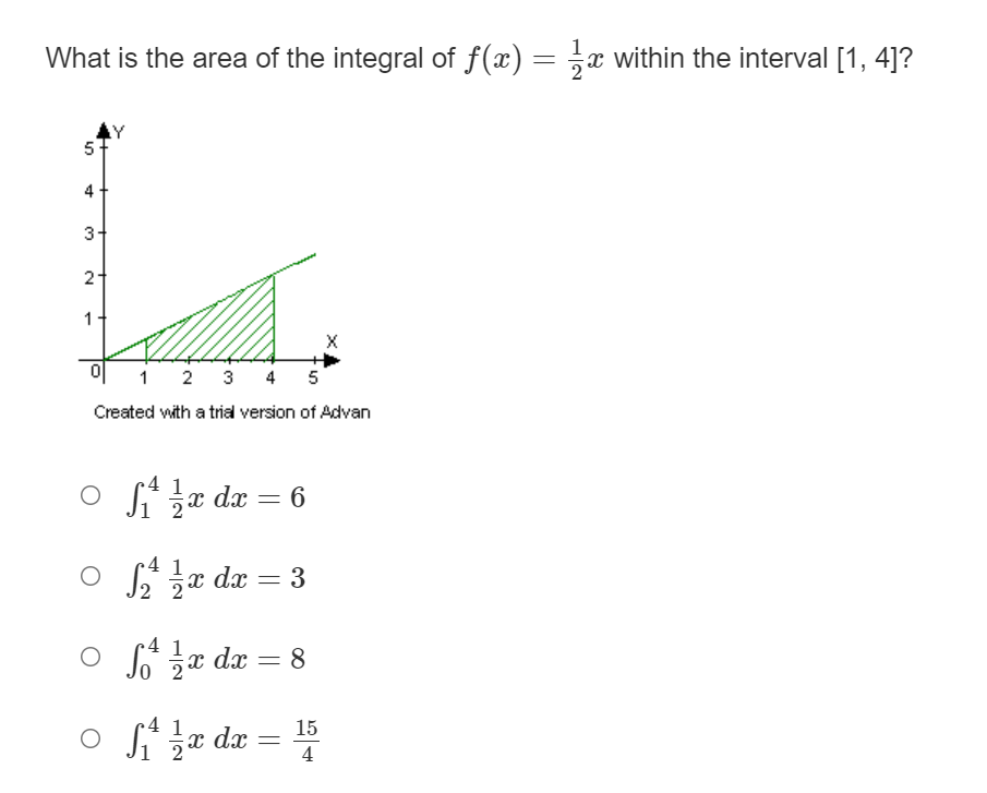 What is the area of the integral of f(x) = ÷x within the interval [1, 4]?
5
1
2 3 4 5
Created with a trial version of Advan
O Si zx dx = 6
4
S za dæ = 3
O S x dx = 8
O si r da =
4 1
15
4
4.
3.
2.
