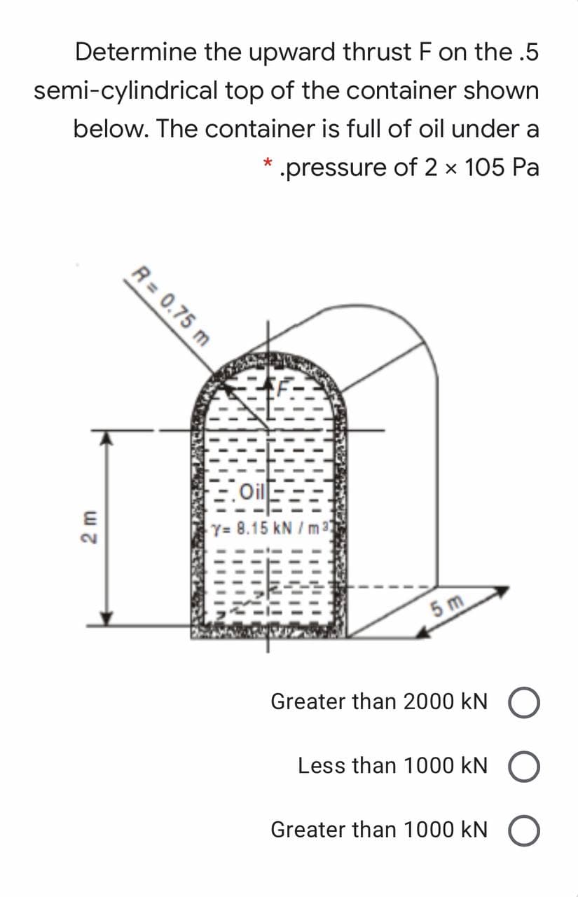 Determine the upward thrust F on the .5
semi-cylindrical top of the container shown
below. The container is full of oil under a
pressure of 2 × 105 Pa
Oil
Y= 8.15 kN / m32
5 m
Greater than 2000 kN
Less than 1000 kN
Greater than 1000 kN
R= 0.75 m
2 m
