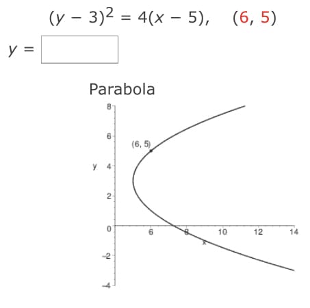 (y – 3)2 = 4(x - 5), (6, 5)
%3D
y =
Parabola
6-
(6, 5)
y
2
6
10
12
14
-2
