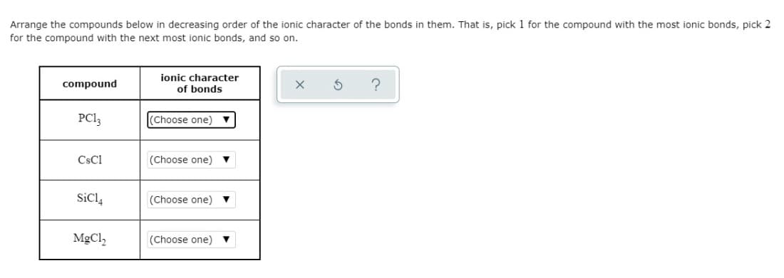 Arrange the compounds below in decreasing order of the ionic character of the bonds in them. That is, pick 1 for the compound with the most ionic bonds, pick 2
for the compound with the next most ionic bonds, and so on.
ionic character
compound
of bonds
PCI3
(Choose one)
CsCl
(Choose one) ▼
SiCl,
(Choose one) ▼
MgCl,
(Choose one)
