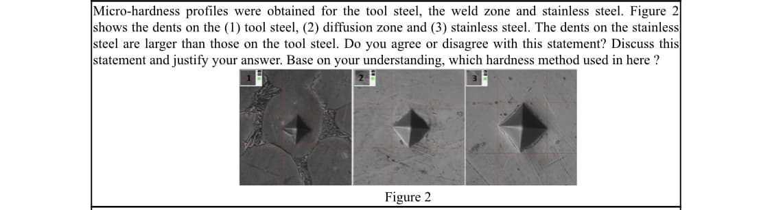 Micro-hardness profiles were obtained for the tool steel, the weld zone and stainless steel. Figure 2
shows the dents on the (1) tool steel, (2) diffusion zone and (3) stainless steel. The dents on the stainless
steel are larger than those on the tool steel. Do you agree or disagree with this statement? Discuss this
statement and justify your answer. Base on your understanding, which hardness method used in here ?
Figure 2
