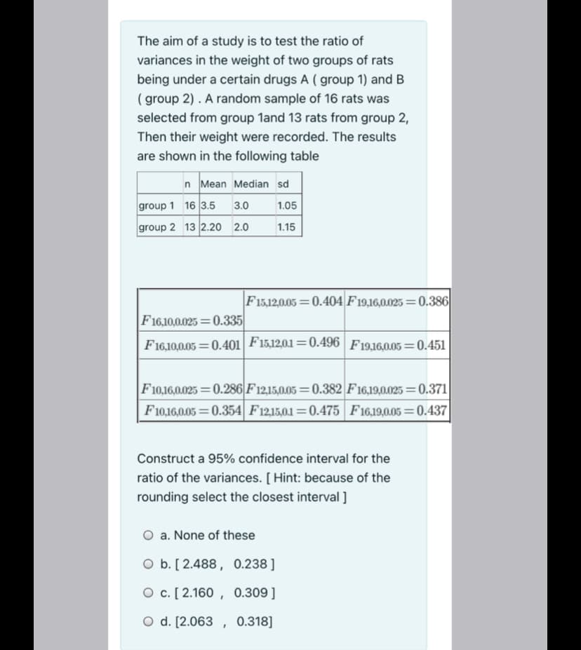 The aim of a study is to test the ratio of
variances in the weight of two groups of rats
being under a certain drugs A ( group 1) and B
( group 2) . A random sample of 16 rats was
selected from group land 13 rats from group 2,
Then their weight were recorded. The results
are shown in the following table
n Mean Median sd
group 1 16 3.5
3.0
1.05
group 2 13 2.20 2.0
1.15
F15,12,0.05 =0.404 F19,16,0.023 =0.386|
F16,10,0.025 =0.335
F16,10,0.05 = 0.401 F15,12,0.1=0.496 | F19,16,0.05 =0.451
F10,16,0.025 =0.286 F12,15,0.05 =0.382 F16,19,0.025 =0.371
F10,16,0.05 =0.354| F12,15,0.1=0.475 F16,19,0.05 =0.437
%3D
Construct a 95% confidence interval for the
ratio of the variances. [ Hint: because of the
rounding select the closest interval ]
O a. None of these
O b. [ 2.488, 0.238 ]
O c. [ 2.160 , 0.309 ]
O d. [2.063 , 0.318]
