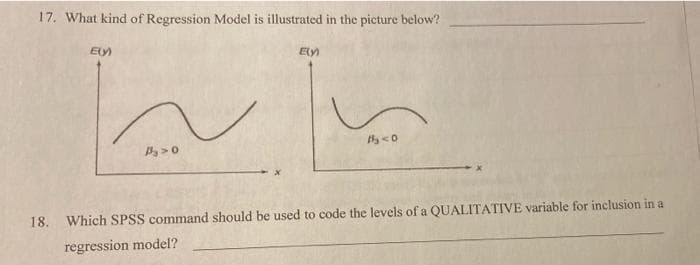 17. What kind of Regression Model is illustrated in the picture below?
Ety
P>0
18. Which SPSS command should be used to code the levels of a QUALITATIVE variable for inclusion in a
regression model?
