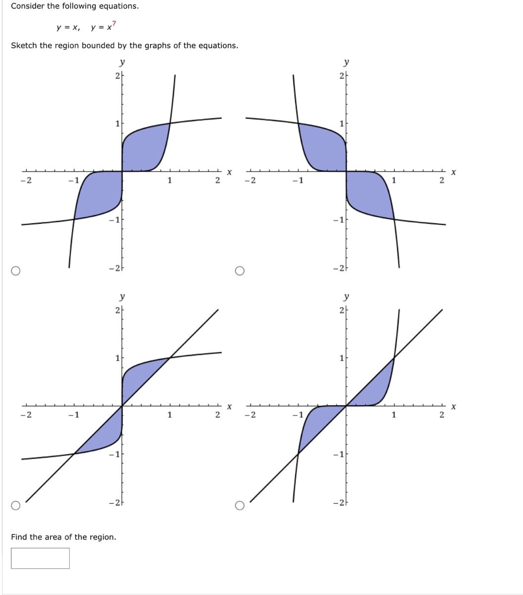 Consider the following equations.
y = x, y=x²
Sketch the region bounded by the graphs of the equations.
y
-2
2
-1
Find the area of the region.
y
1
1
2
X
X
-2
-2
1
y
y
2
1
1
2
2
X
X